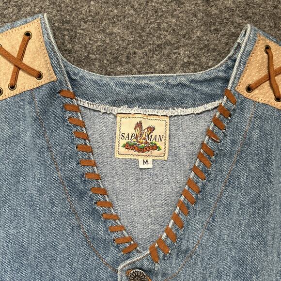 Sap Man Denim Vest Womens Size Medium Leather Trim Lace Detail Southwest Cowgirl - Picture 8 of 13